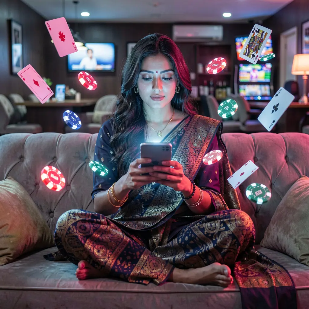 Focused Bangladeshi woman using the JA9999 mobile casino app as vibrant chips and cards float in a neon gaming atmosphere