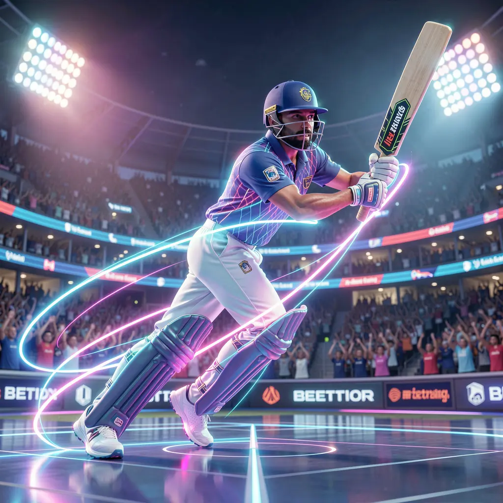 Dynamic neon cricket player running with the ball inside a futuristic stadium highlighting immersive sports betting on JA9999 in Bangladesh