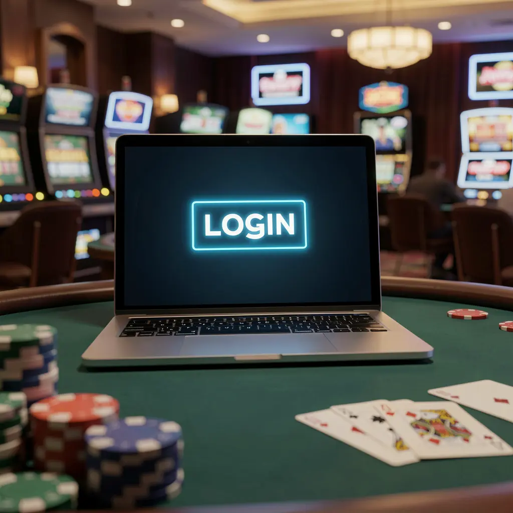 Modern laptop on a casino table with poker chips and cards showing the JA9999 login screen for secure account access in Bangladesh