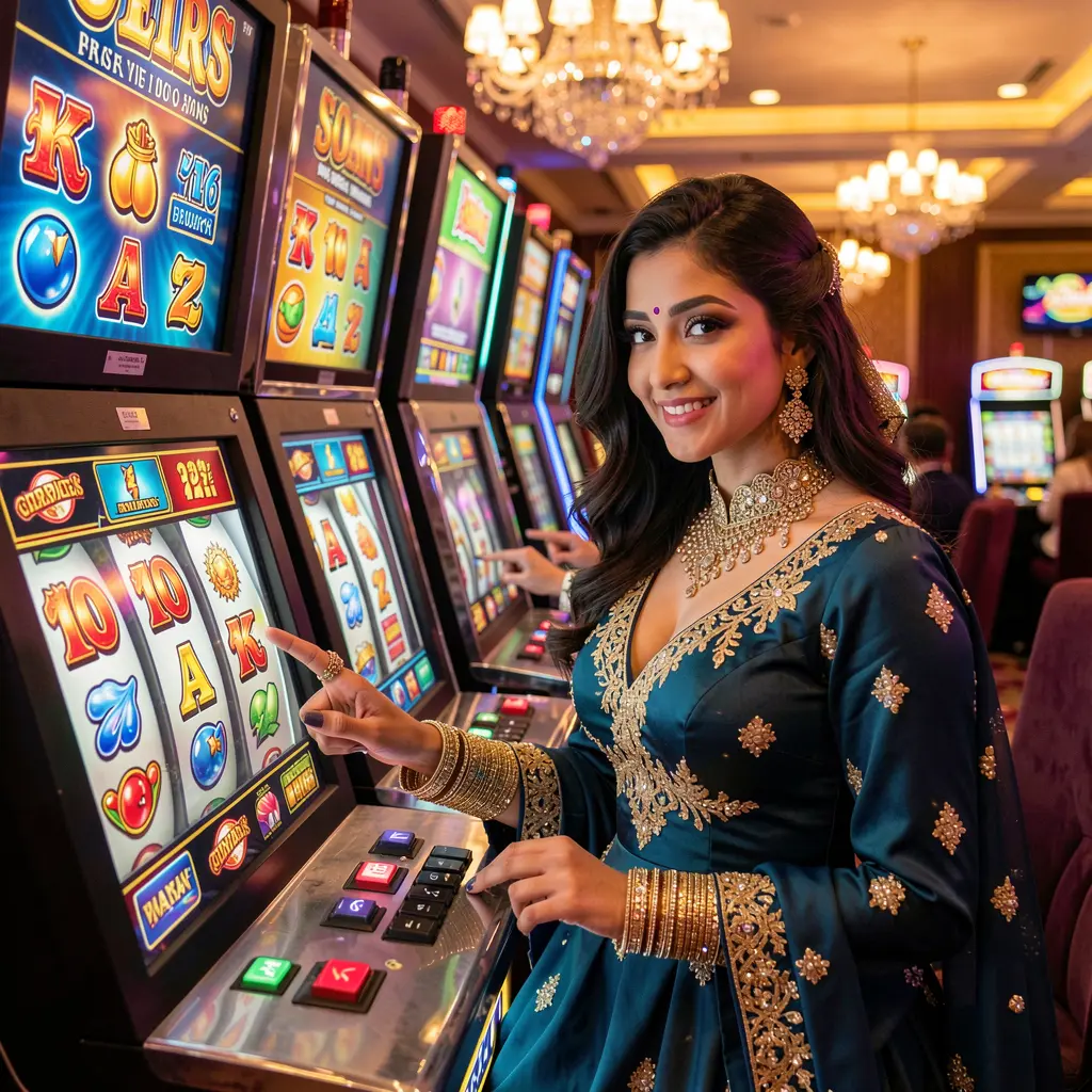 Confident and stylish woman in a red dress enjoying immersive slot gameplay with bright lights and casino energy at JA9999 online casino in Bangladesh